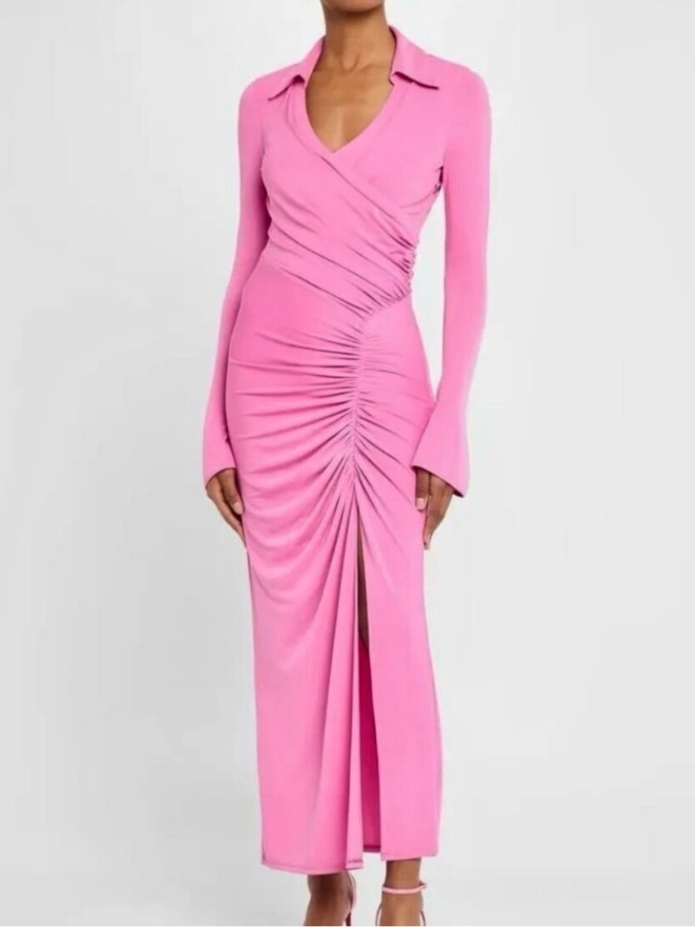 Cinq A Sept Fabia Pink Ruched V-Neck Long Sleeve Jersey Maxi Dress Size 4